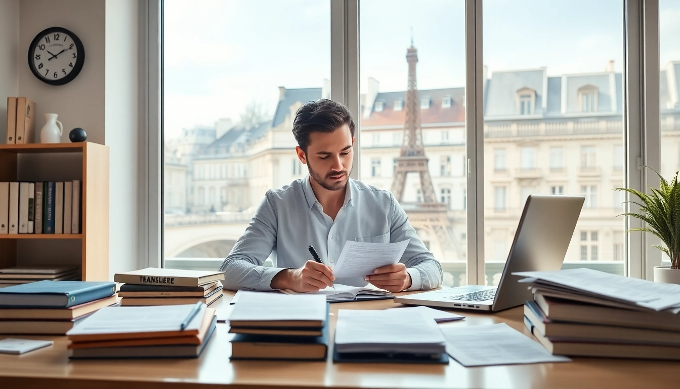 Traducteur assermenté certifié à Paris travaillant sur des documents officiels, démontrant son expertise et son professionnalisme.