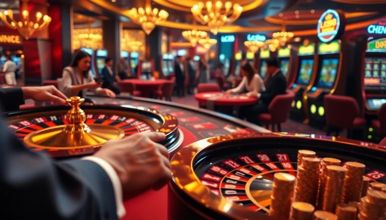 Exciting gameplay action at lc88 casino with poker chips and roulette wheel.