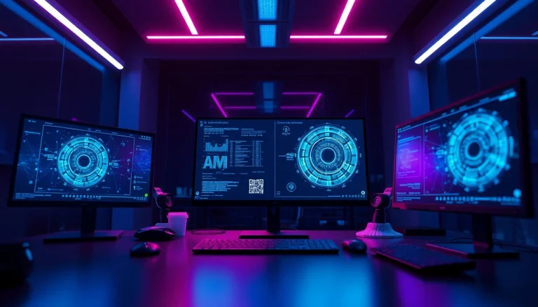AI-generated porn ai visuals in a futuristic workspace setup with digital interfaces