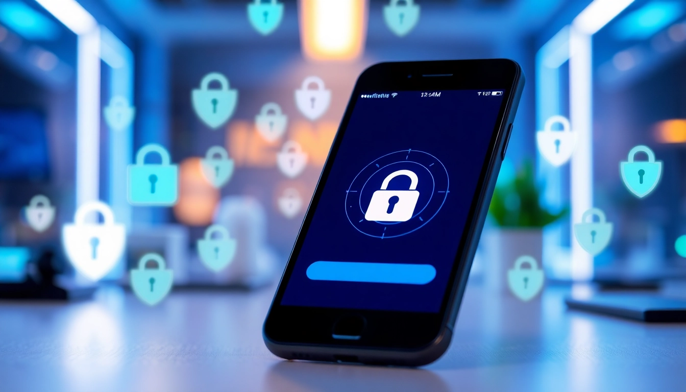 Vérification de numéro de téléphone en ligne avec interface de sécurité sur smartphone dans un espace de travail moderne