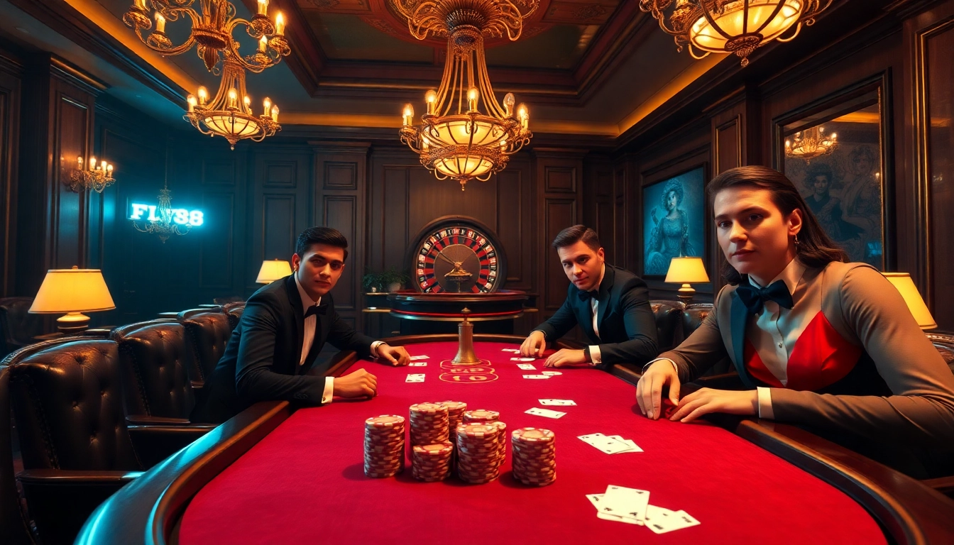 Engaging high-stakes poker game at FLY88 casino with players and chips.