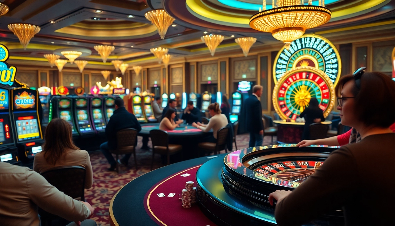 Players enjoying games at Bk33 casino, showcasing vibrant poker tables and slot machines.