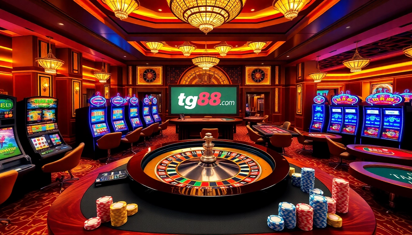 Experience thrilling gameplay at tg88.com with vibrant slot machines and a stunning roulette setup.