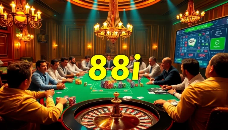 Players enjoying a thrilling poker game at 88i's luxury casino, with vibrant chips and cards on the table