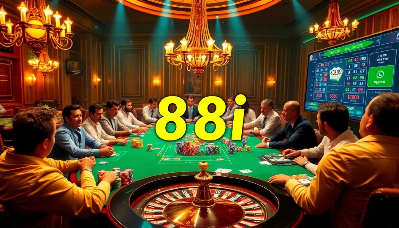 Players enjoying a thrilling poker game at 88i's luxury casino, with vibrant chips and cards on the table