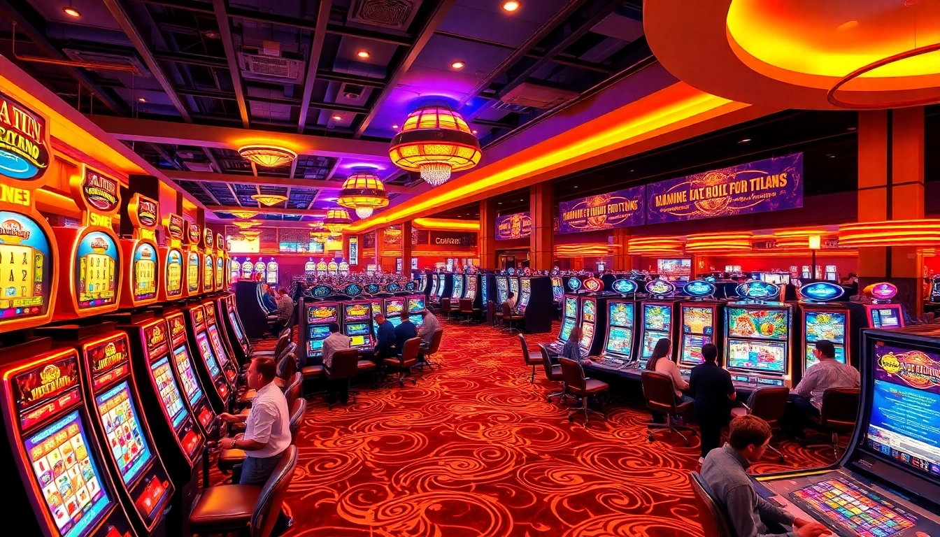 Nouveau casino en ligne avec une ambiance de jeu vibrante, tables et machines à sous.