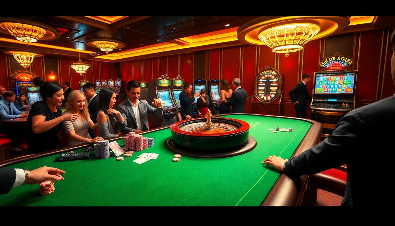 Crown88 casino scene showcasing players at a lively table with poker chips, highlighting excitement and luxury in gaming.