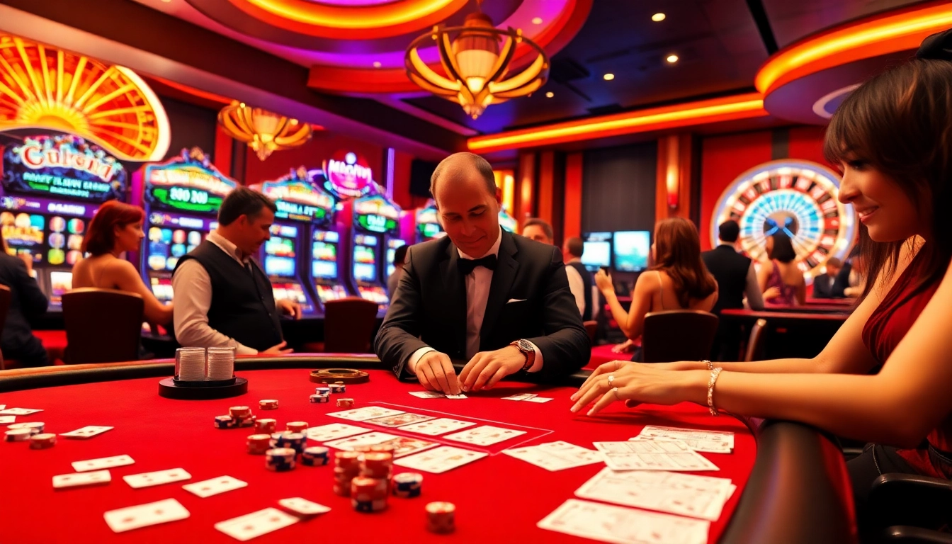 Players enjoying games at Bk33 casino, featuring vibrant tables, cards, and neon lights.