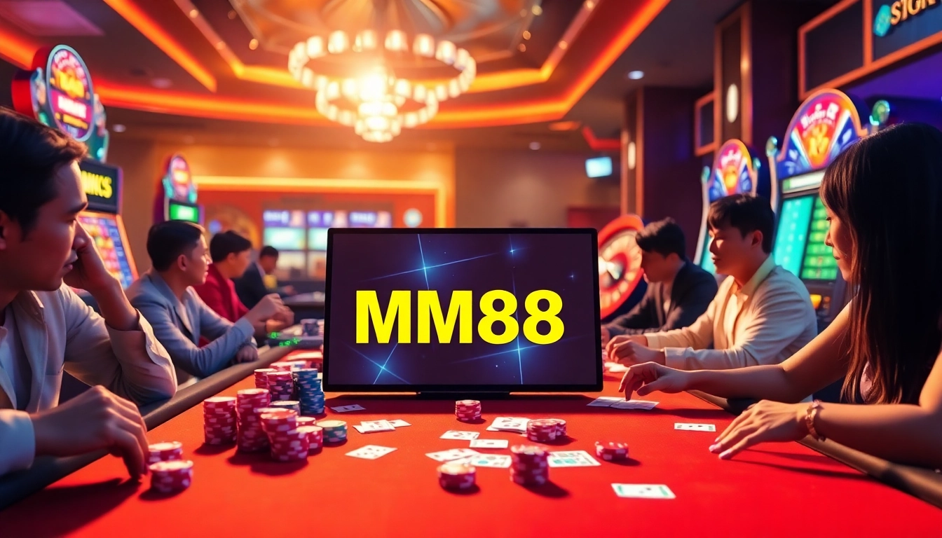 Players enjoying thrilling games at MM88 KJC's luxurious online casino.