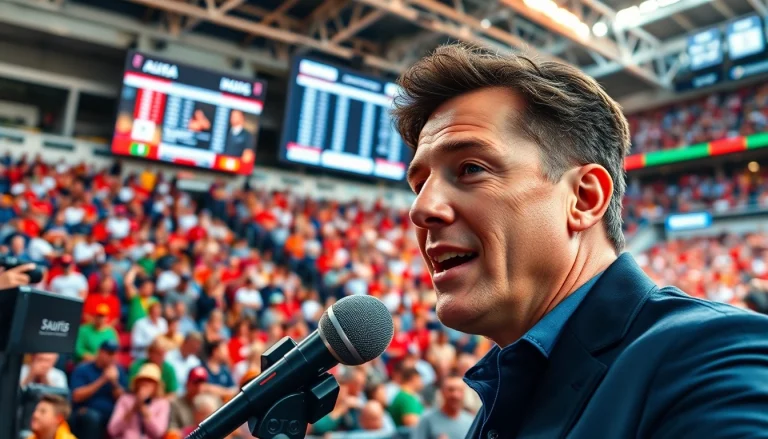 Engaging scene of Sports Broadcasting at a lively sports event with commentator and audience.