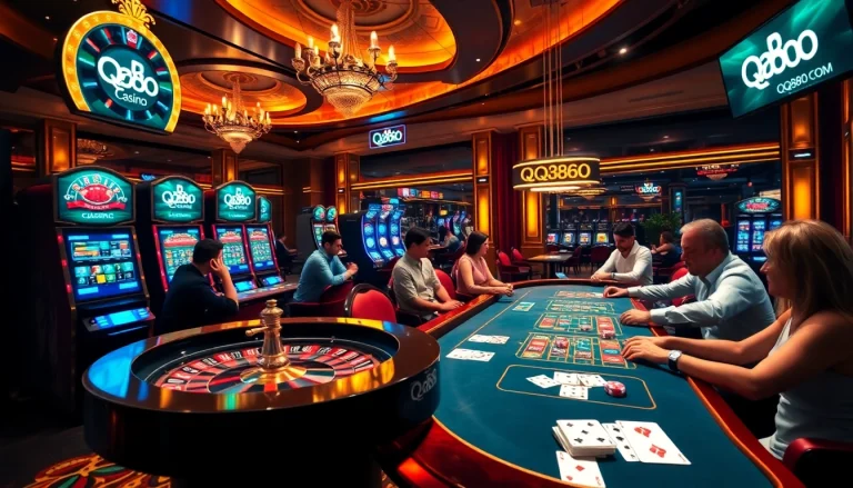 Experience thrilling gameplay at qq88 com with a vibrant casino scene featuring roulette, poker, and slot machines.