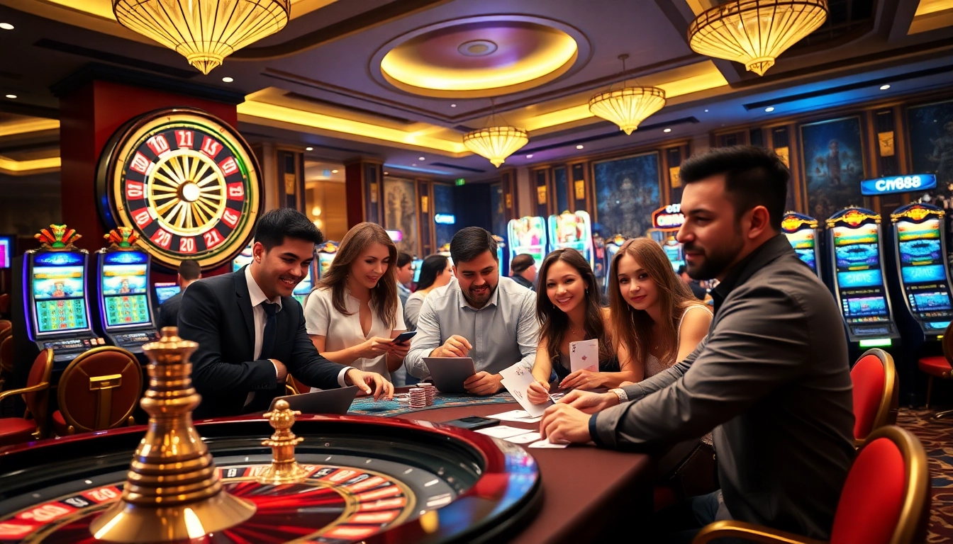Experience thrilling gameplay at CM88's vibrant casino filled with roulette, poker chips, and slot machines.