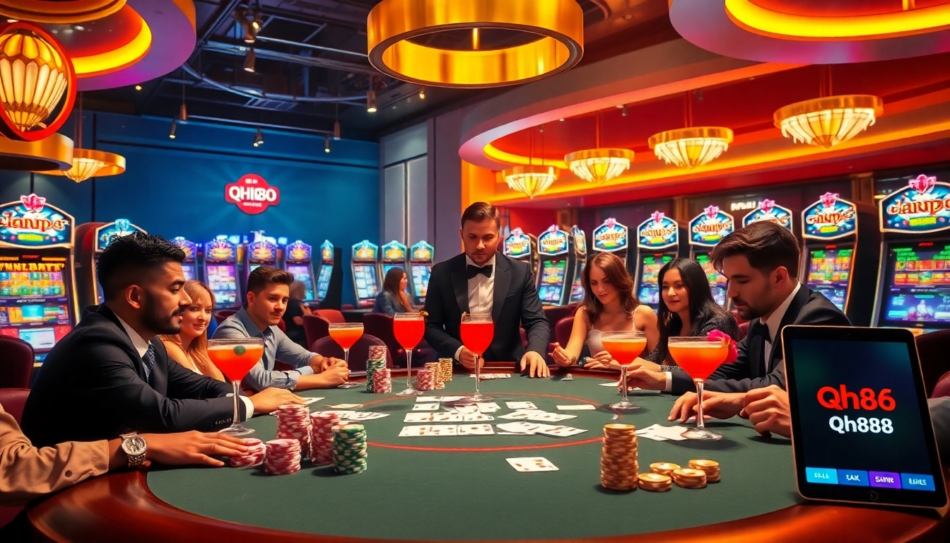 Exciting casino action with qh88 poker players at a high-stakes table surrounded by vibrant slot machines.
