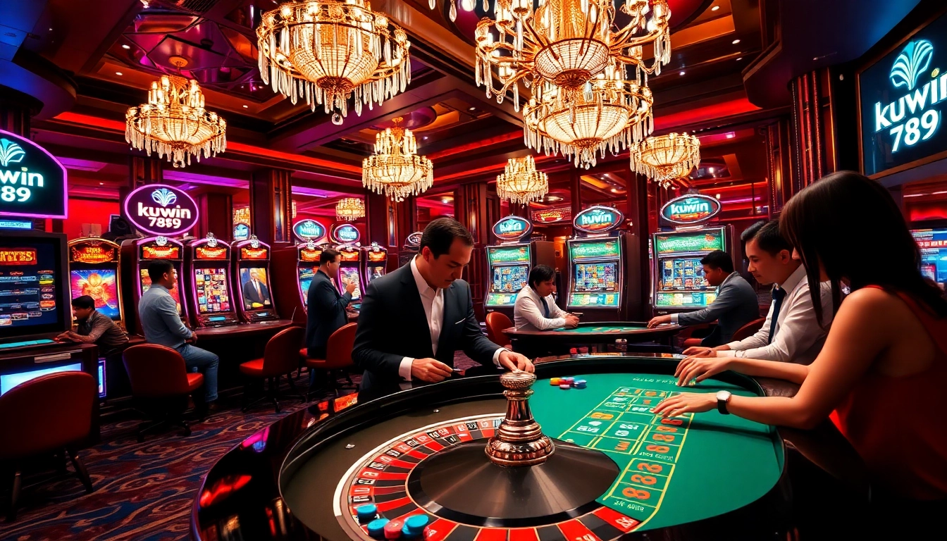 Kuwin 789 players enjoying high-stakes roulette and poker at a luxurious casino.