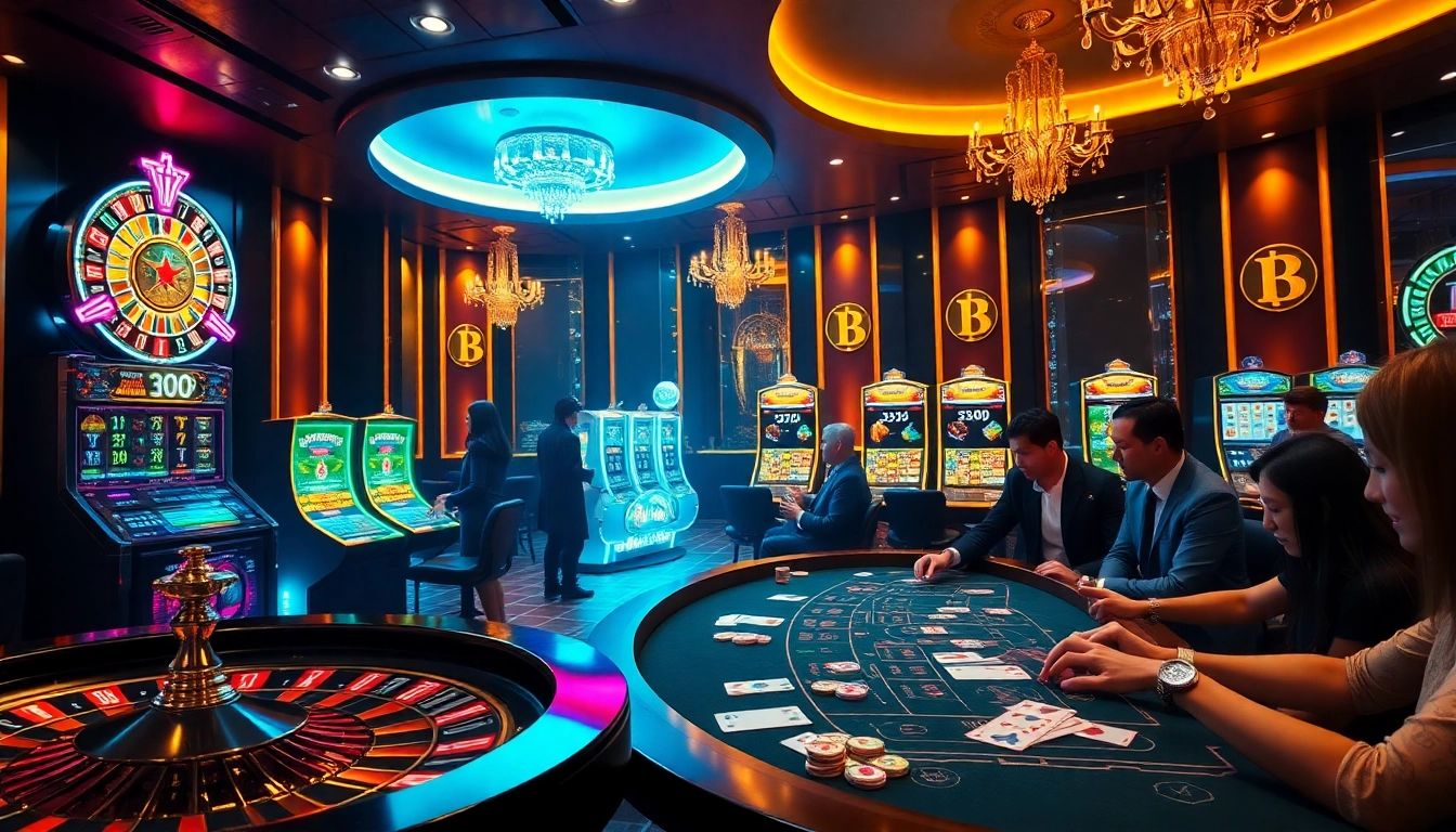 Engaged players celebrating wins at a vibrant crypto casino with poker chips and cryptocurrency wallets.