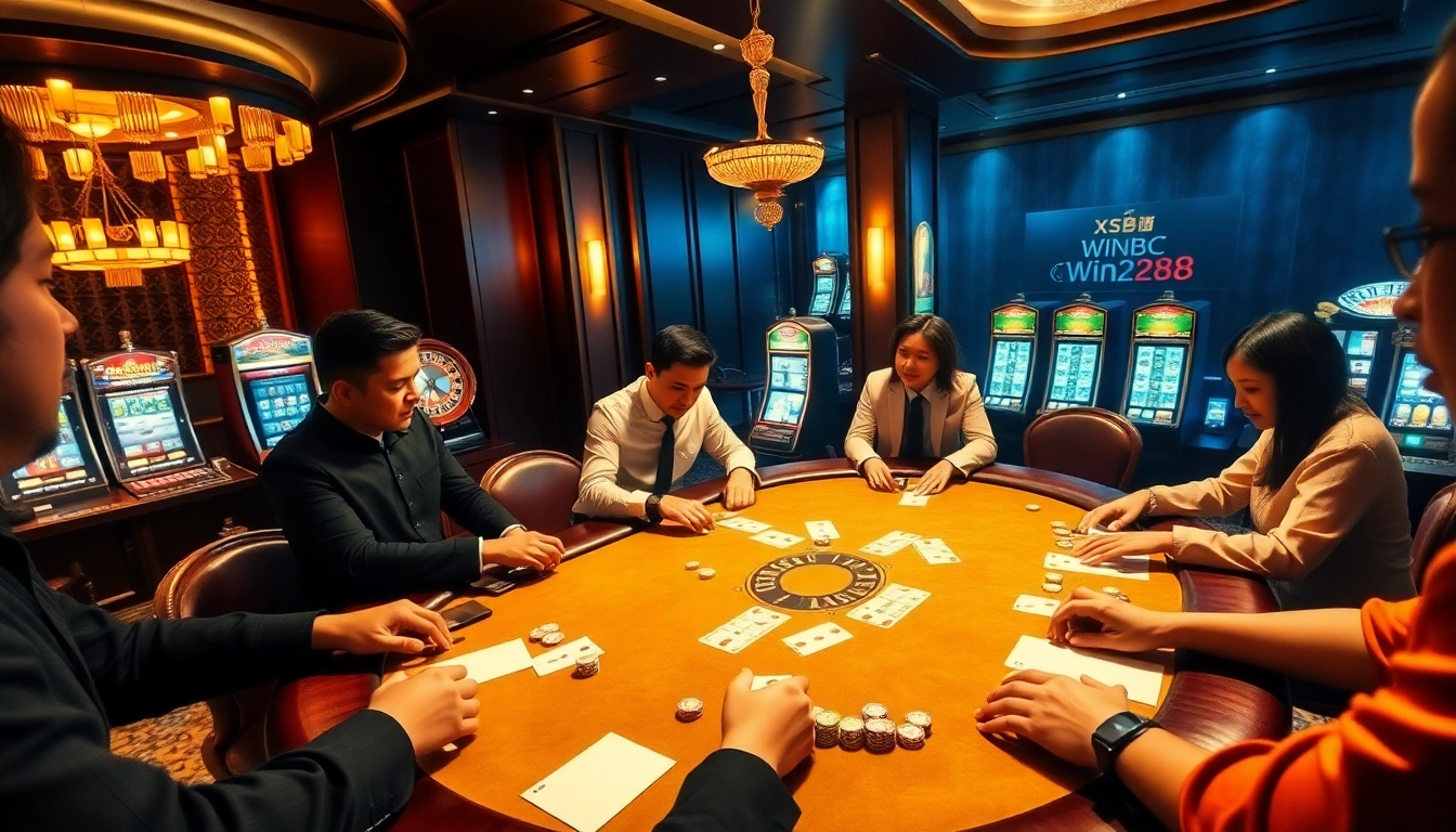 Soi Cầu XSMB Win2888 Asia gamblers engaging at a vibrant casino table with high stakes.