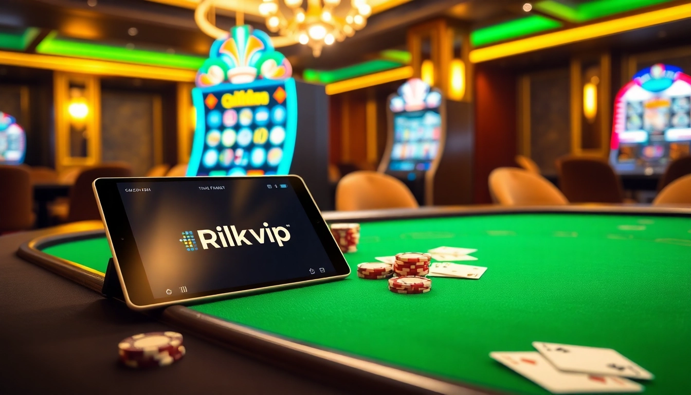 Engaging poker players at a luxurious Rikvip casino table, showcasing vibrant chips and cards.