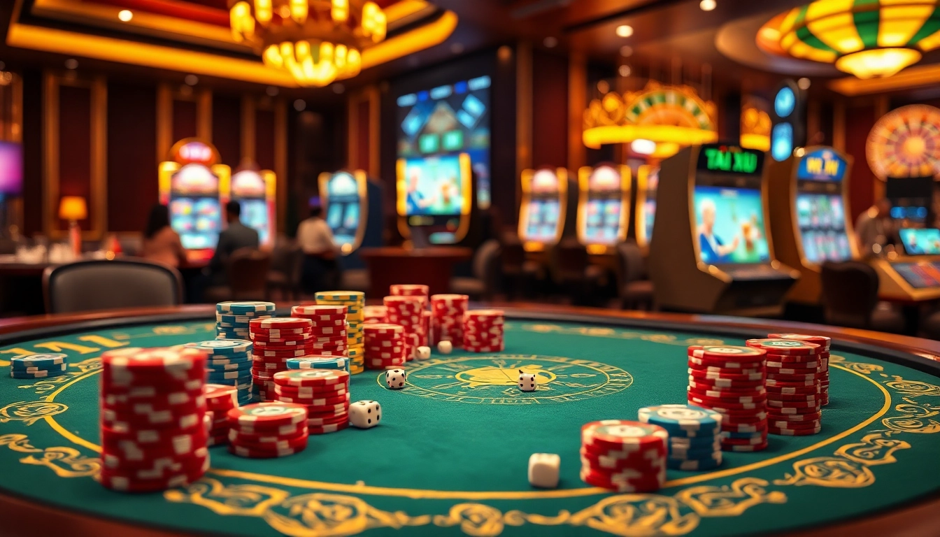 Engage with Tai Xiu online on a vibrant casino table surrounded by eager players and dice.