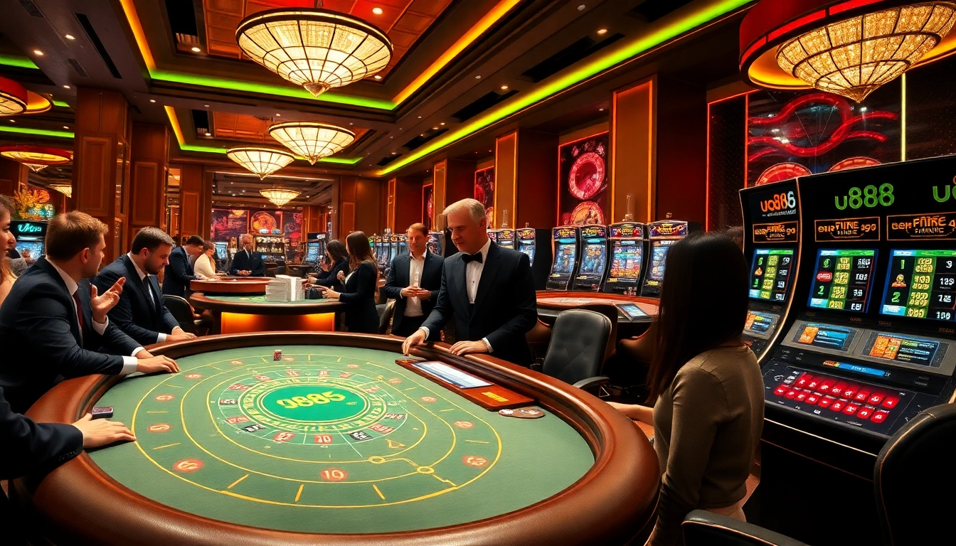 Experience exhilarating gameplay at u 888 casino with players at blackjack and vibrant slots.