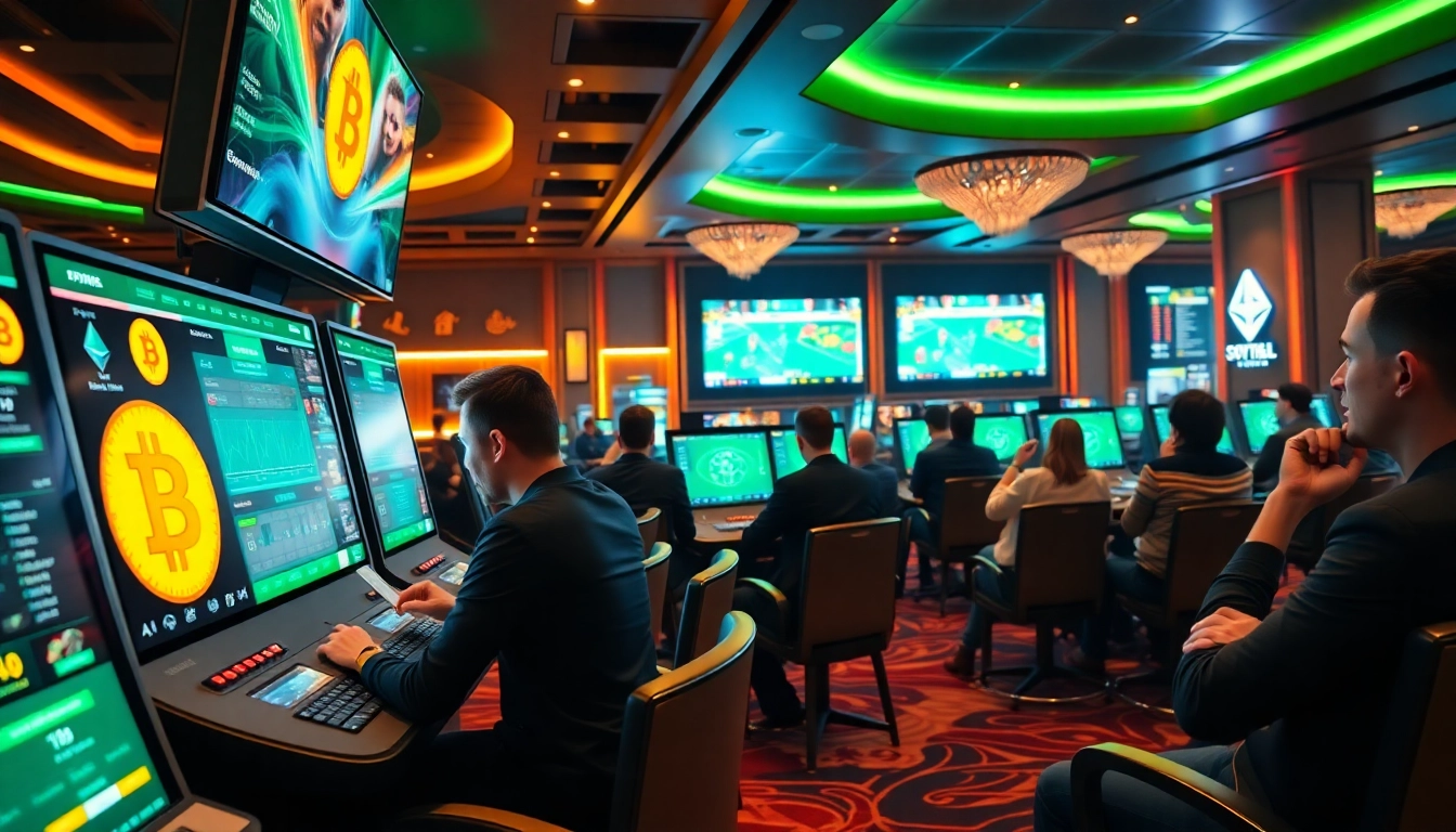 Exciting scene of paris sportifs crypto betting in a luxurious casino setting with digital displays and players.