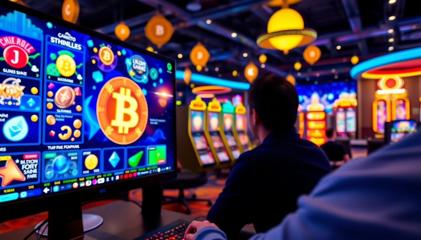 Engage with crypto casinos in an exciting online gaming environment, highlighted by vibrant graphics.
