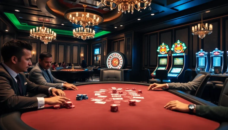 Players engaged in high-stakes poker at RR88 casino, with vibrant chips and an elegant atmosphere.