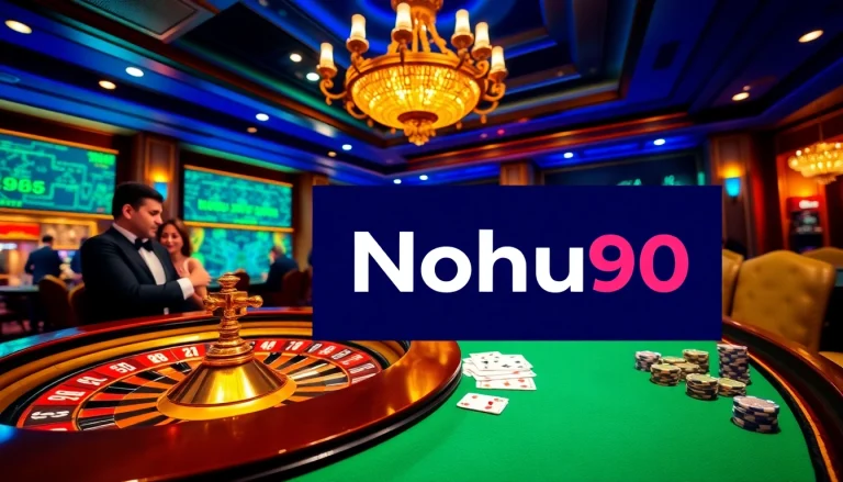 Nohu90 casino players engaging at a roulette table under luxurious lighting.