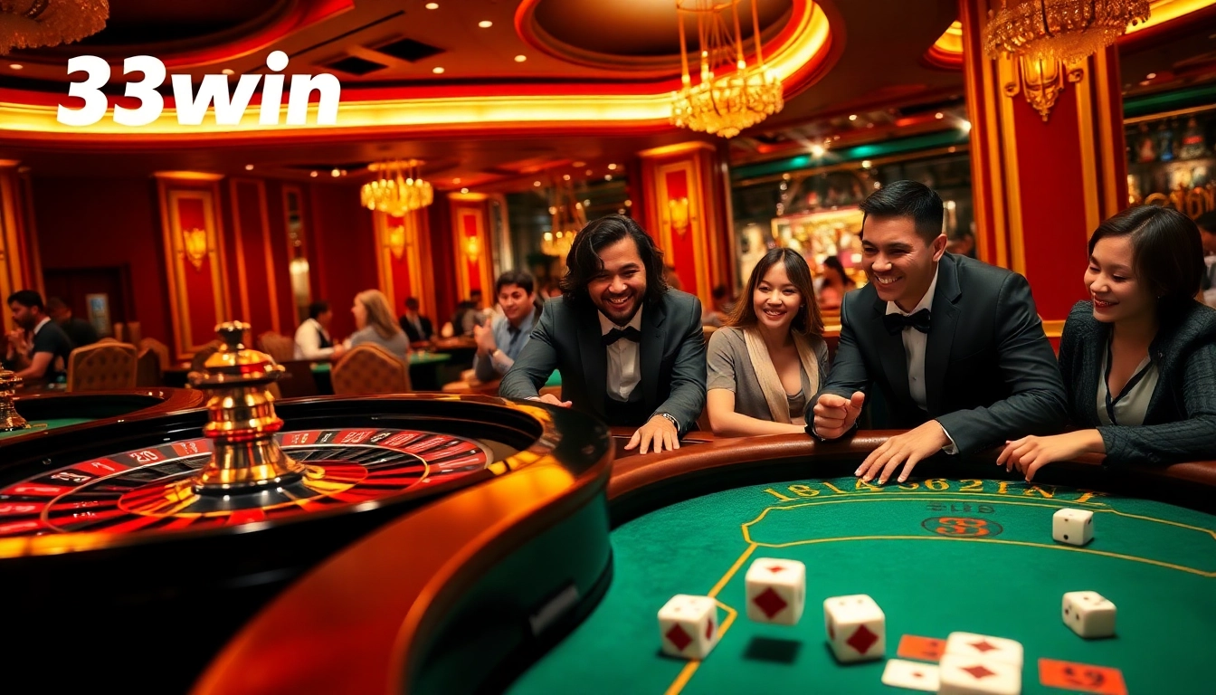 Players enjoying their game experience at 33win casino with roulette and poker elements.