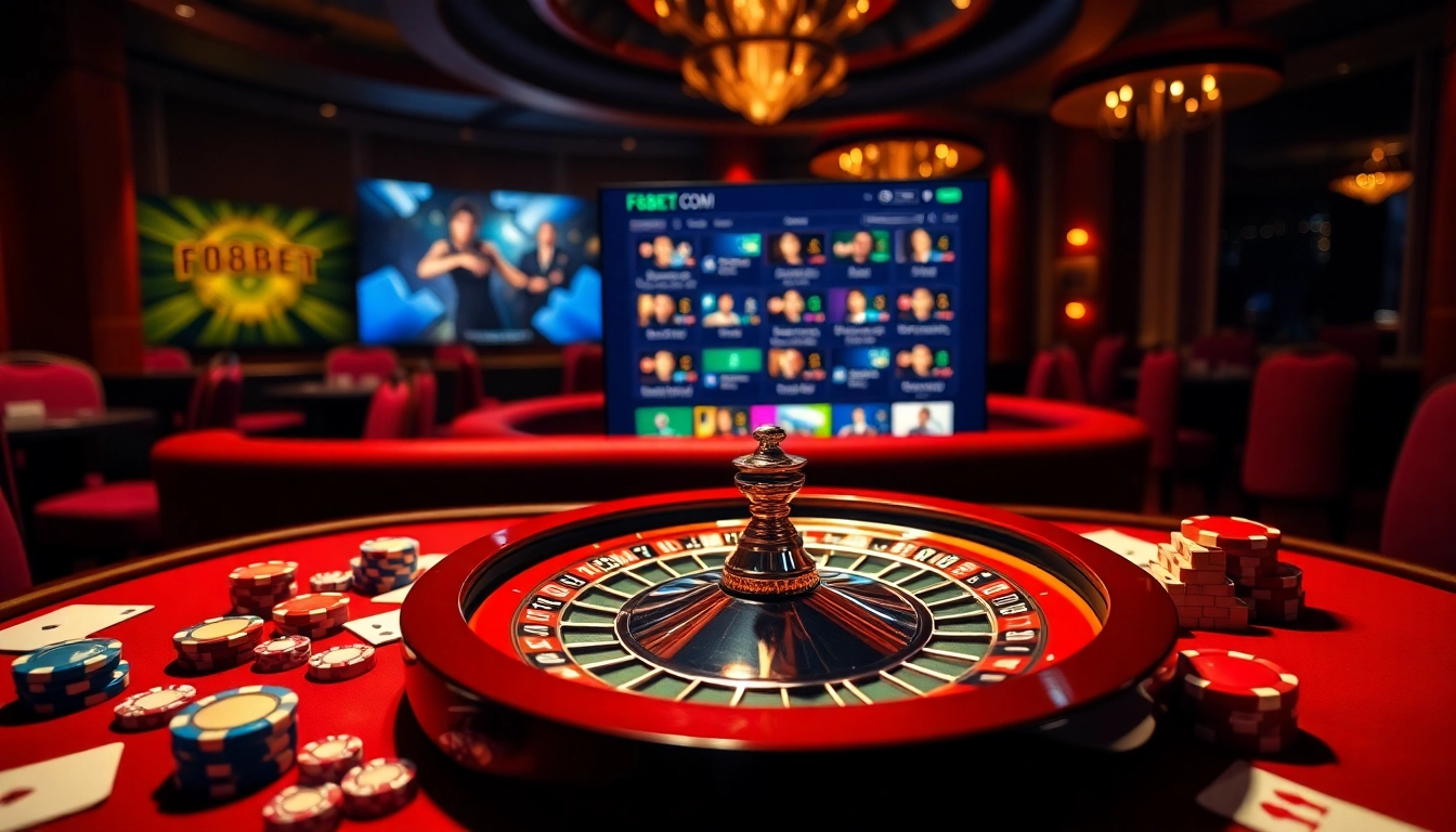 Experience thrilling gaming action at F8BET COM with vibrant poker chips and a roulette wheel.