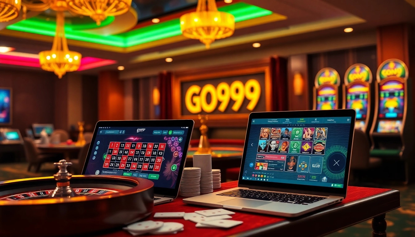 Exciting Go99 online gambling scene featuring roulette wheels and vibrant casino elements.