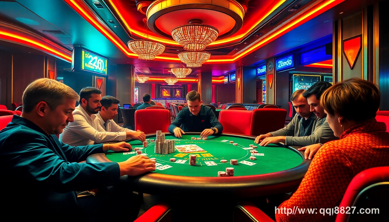 High-stakes poker game at https://www.qq8827.com/ featuring intense players and luxurious casino setting.