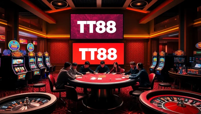 TT88 engaging players at a vibrant casino table with poker chips and roulette wheels.