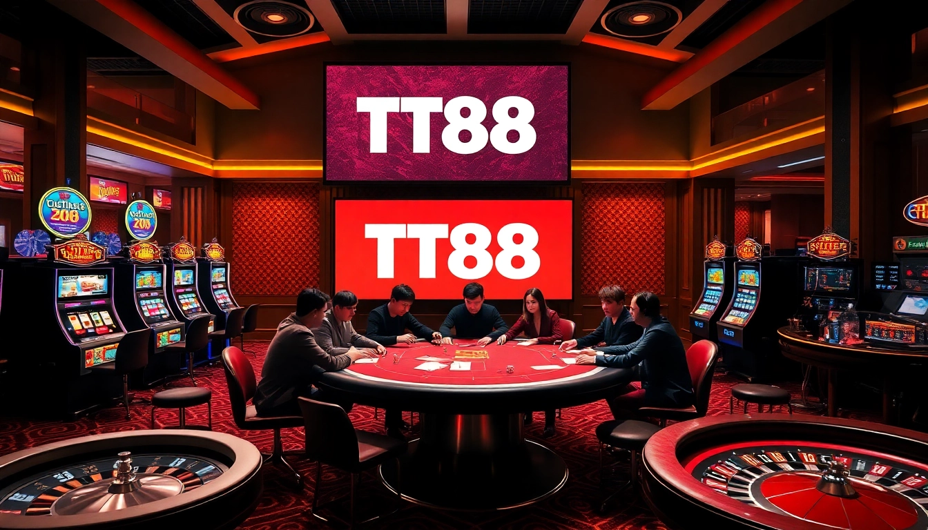 TT88 engaging players at a vibrant casino table with poker chips and roulette wheels.
